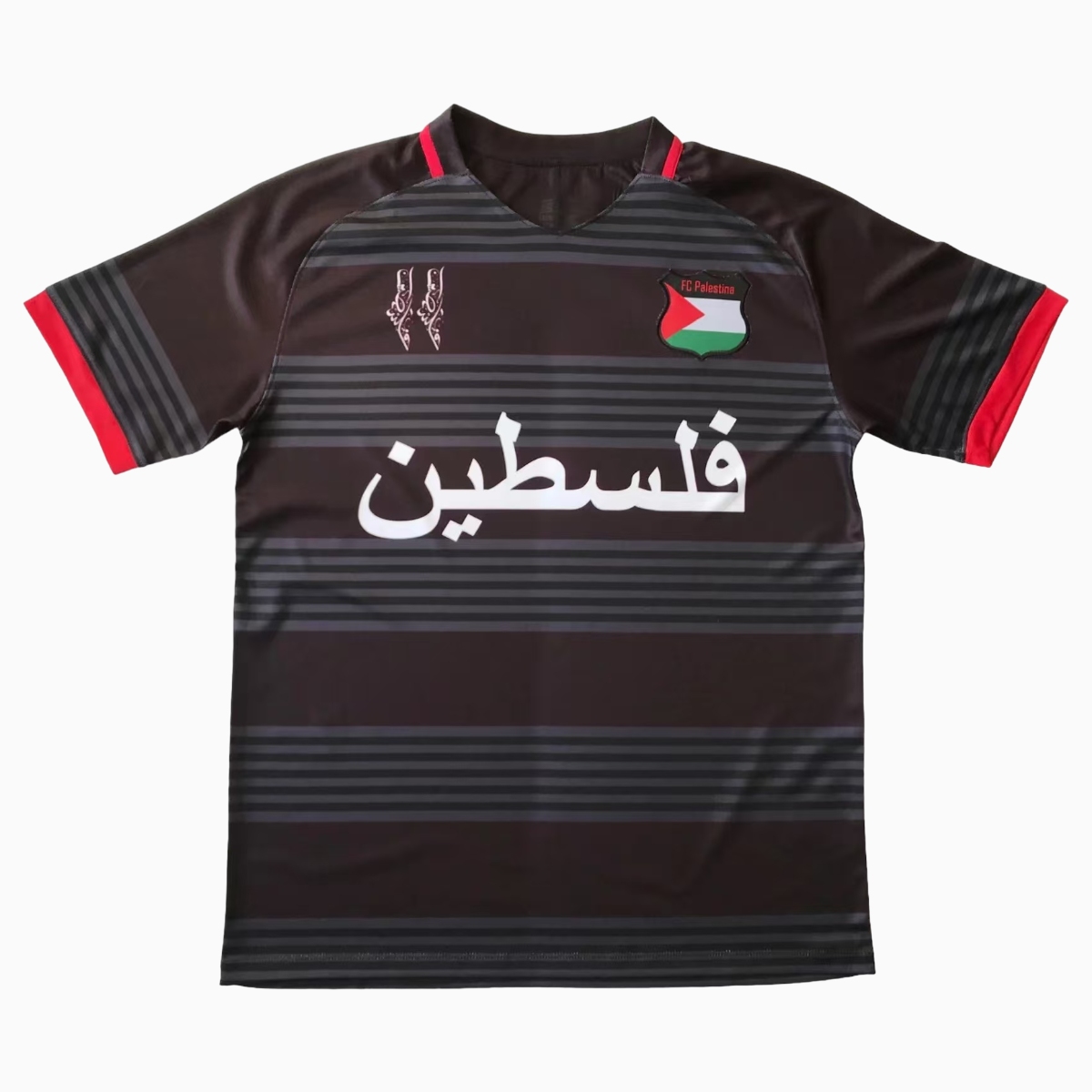 FC Palestina 24-25 Black and Grey Striped Jersey with Arabic and Pattern - ReplicasJersey
