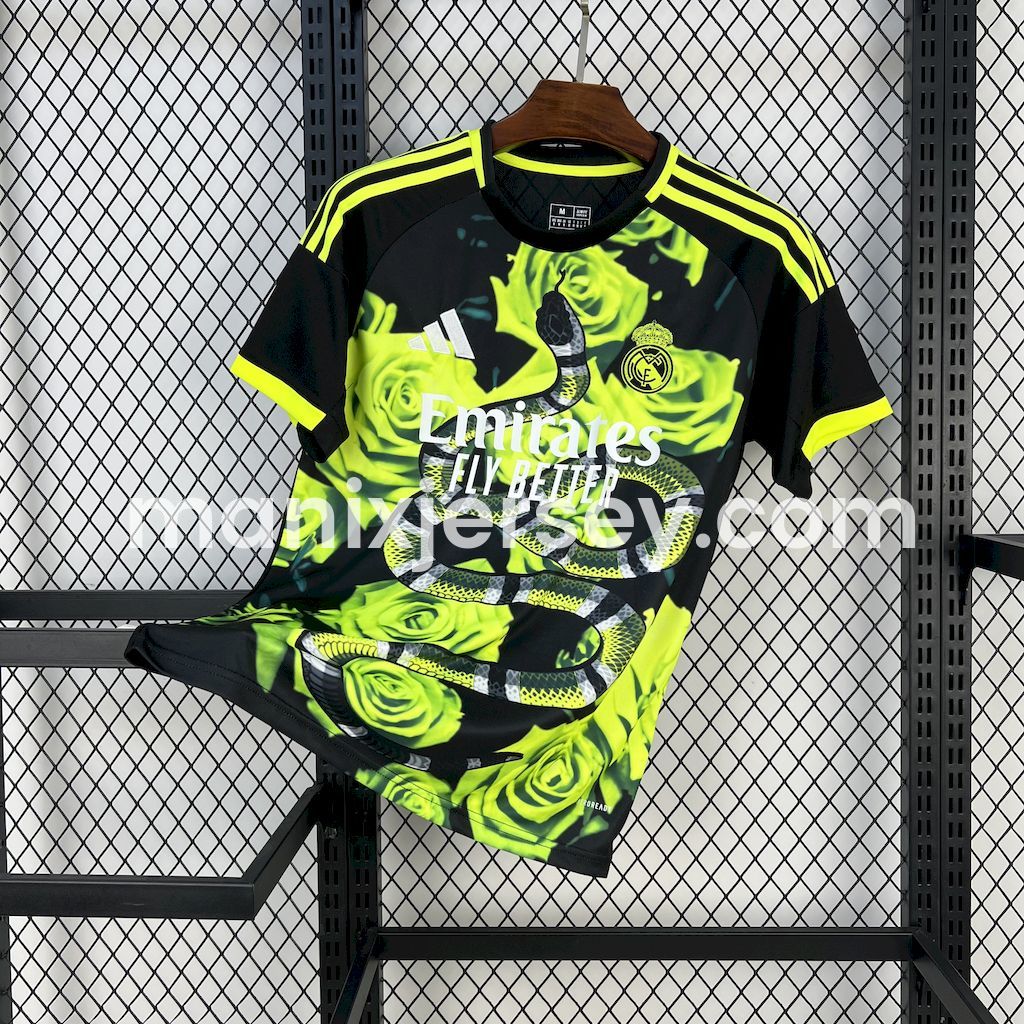 Real Madrid 25-26 Snake and Green Flowers Black Jersey - Fans Version - ReplicasJersey