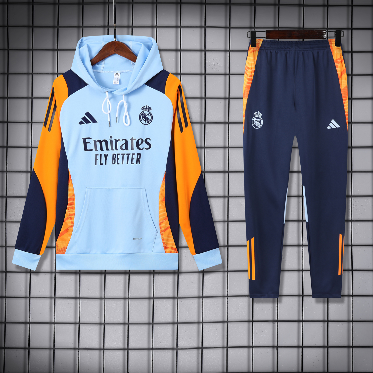 Real Madrid 24-25 Training Hoodie Set - Light Blue Hoodie and Deep Blue Pants - ReplicasJersey
