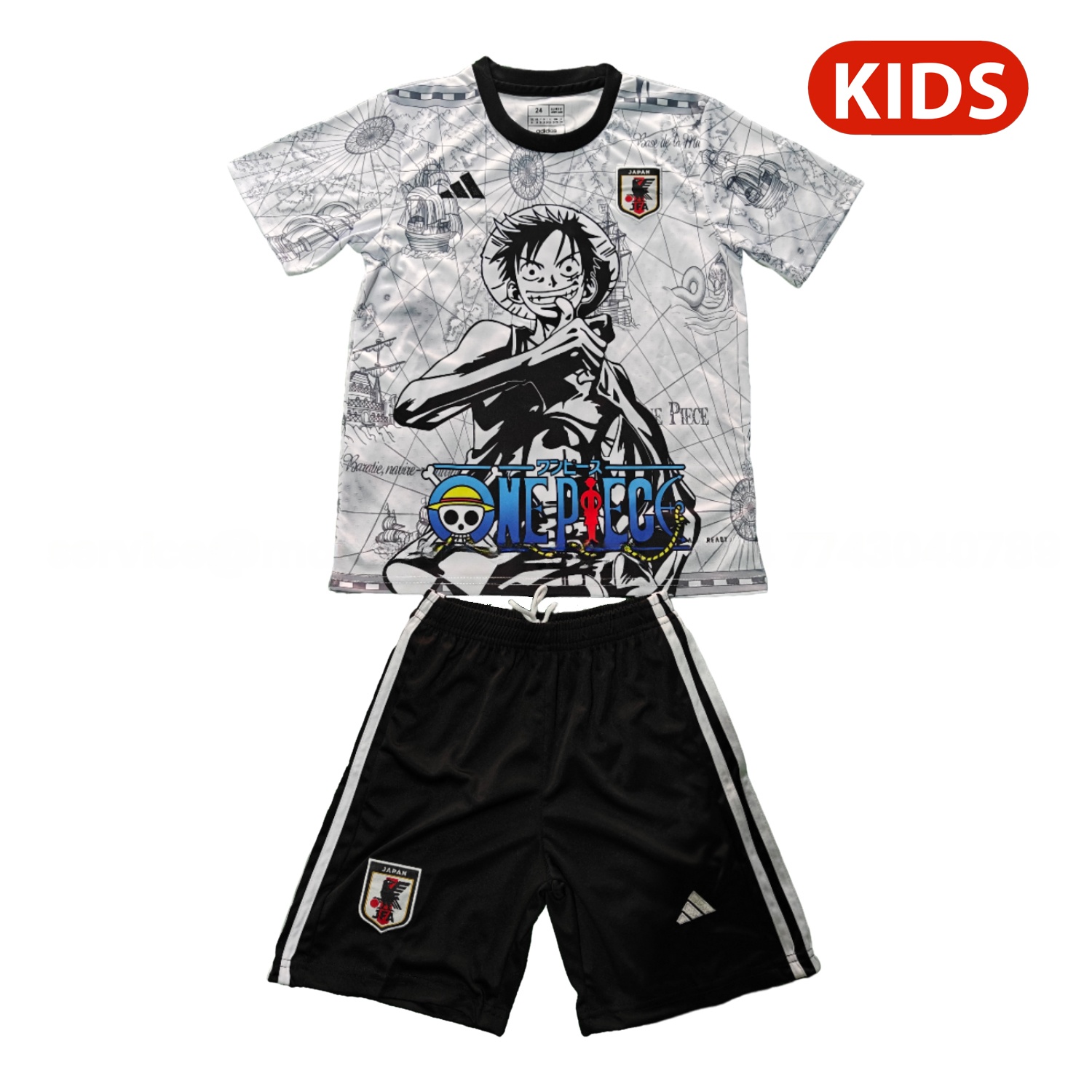 Japan 25-26 One Piece Luffy White And Black Special Kids Kit - ReplicasJersey