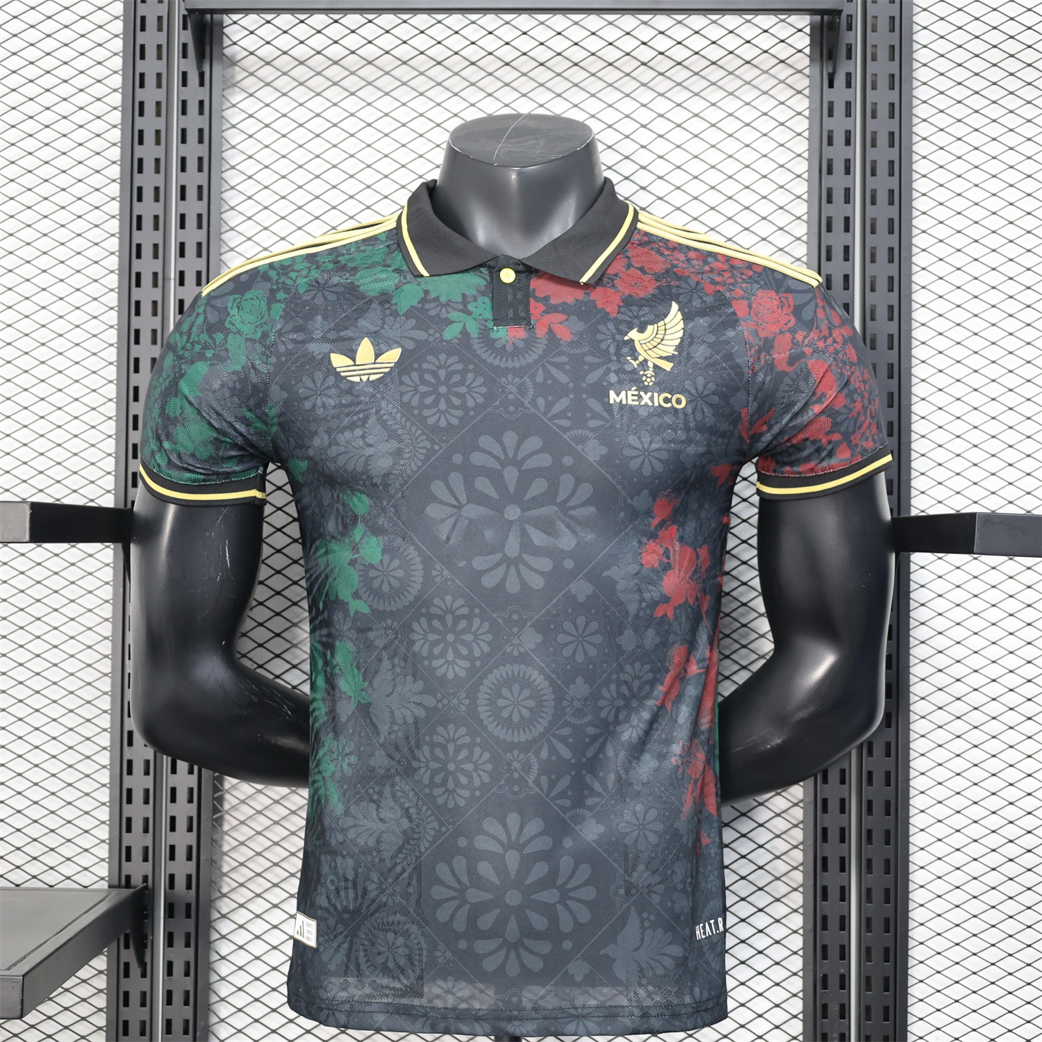 Mexico 25-26 Black Polo Jersey with Red and Green Floral Pattern - Player Version - ReplicasJersey