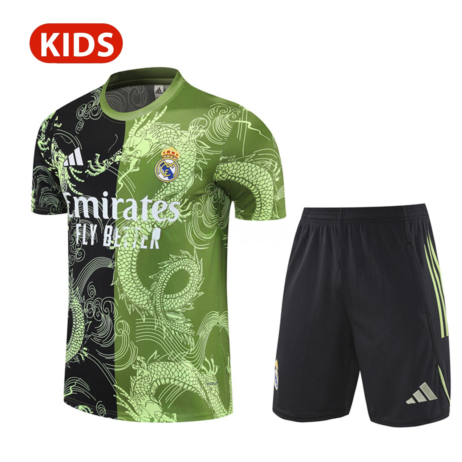 Real Madrid 25-26 Kid Short-Sleeve Training Set - Green Black Top & Black Shorts - ReplicasJersey