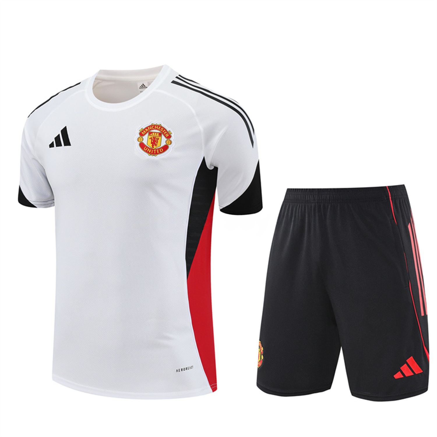Manchester United 25-26 Short-Sleeve Training Set - White Top & Black Shorts - ReplicasJersey
