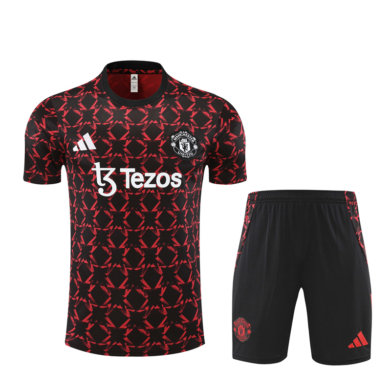 Manchester United 24-25 Short-Sleeve Training Kids Kit - Black Red Camouflage - ReplicasJersey