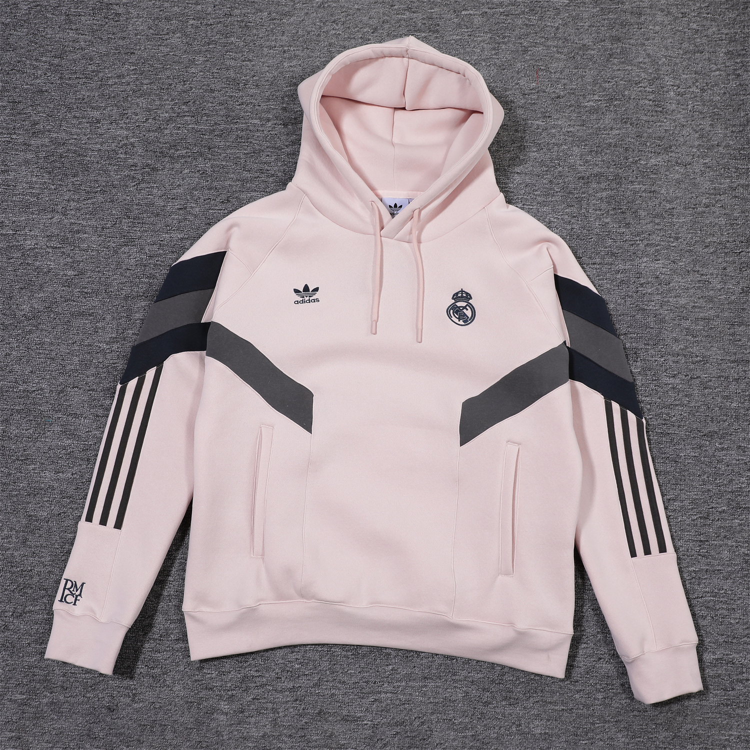 Real Madrid 24-25 Fleece-Lined Training Hoodie Set - Light Pink Hoodie and Deep Grey Pants - ReplicasJersey