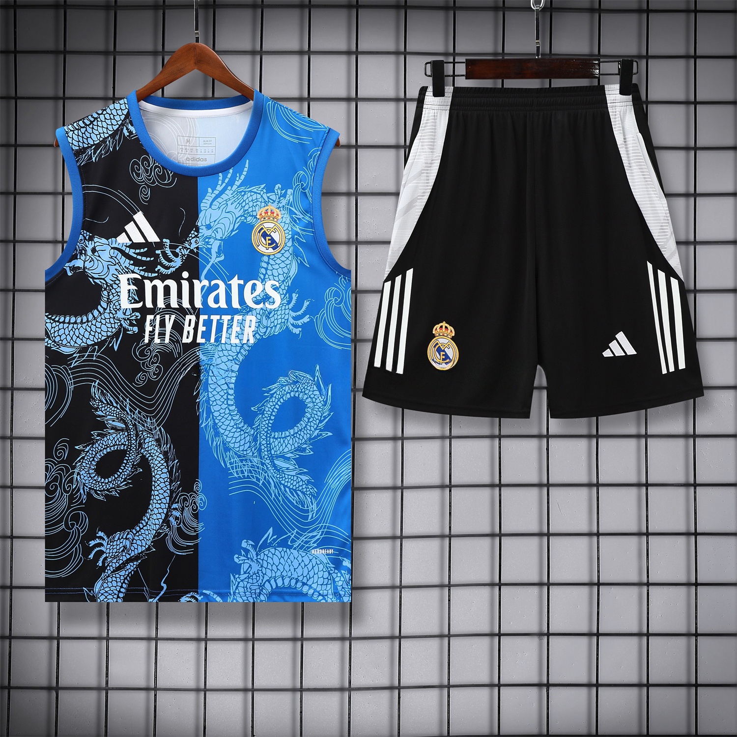 Real Madrid 25-26 Vest Training Set - Blue Black Dragon Vest & Black-White Shorts - ReplicasJersey