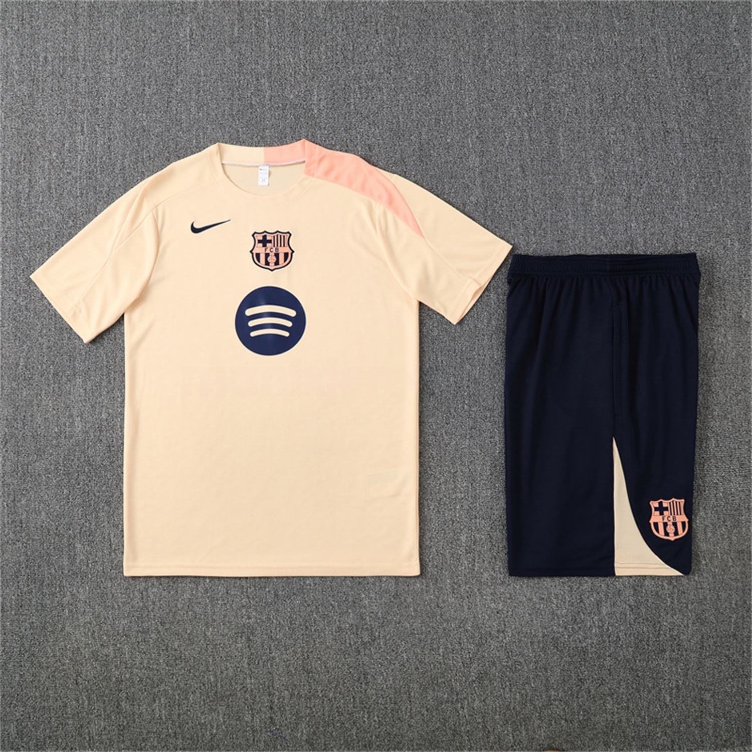 B.A.R.S.A 25-26 Kids Short-Sleeve Training Set - Beige Top & Blue Shorts - ReplicasJersey