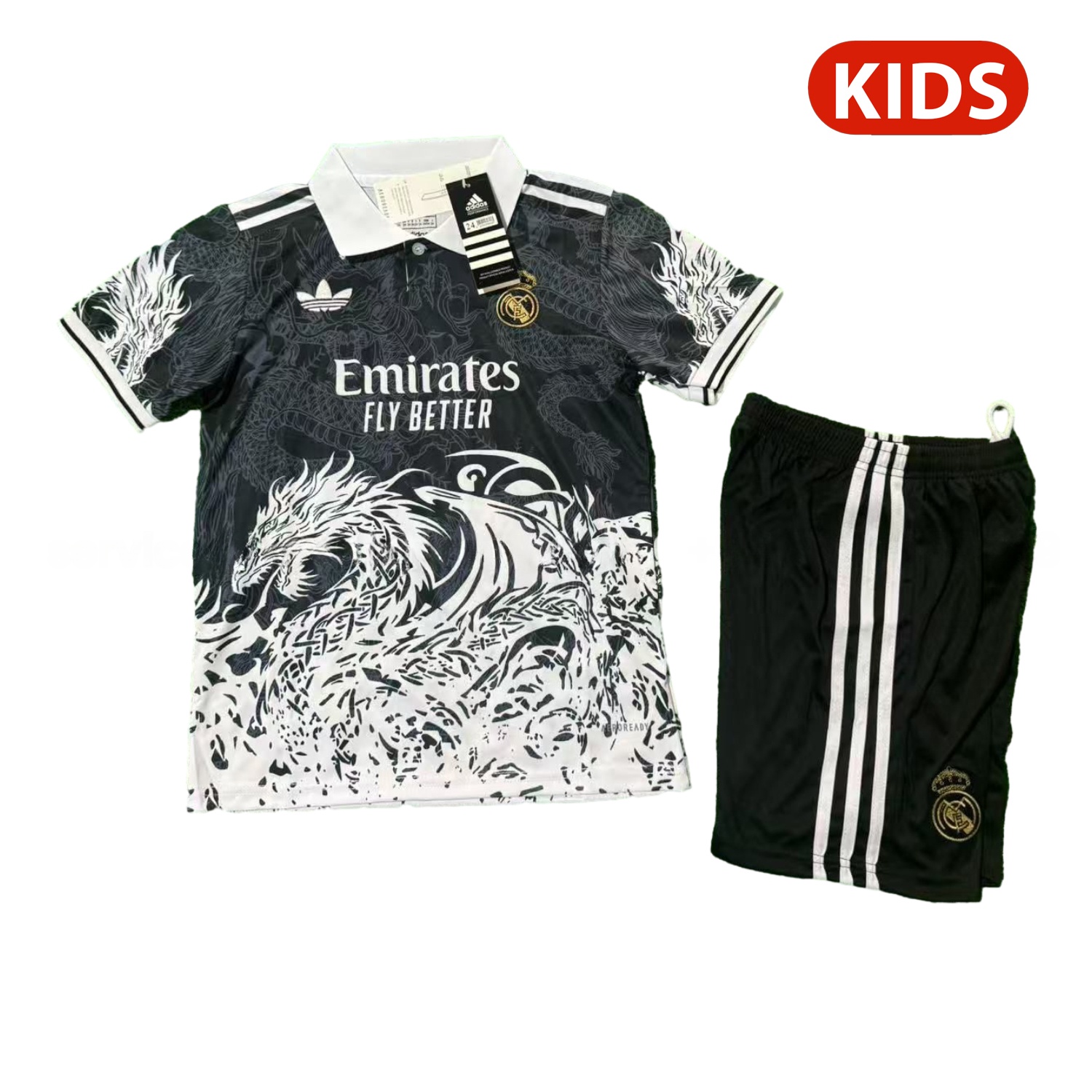 Real Madrid 25-26 White Fire Dragon Black Special Polo Kids Kit - ReplicasJersey