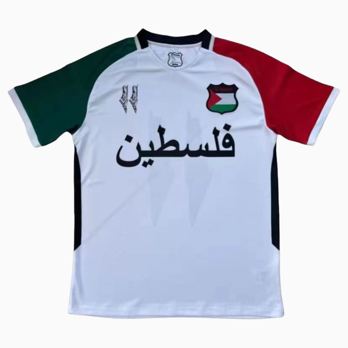 FC Palestina 24-25 White Jersey with Blue and Red Sleeves, Arabic and Pattern - ReplicasJersey