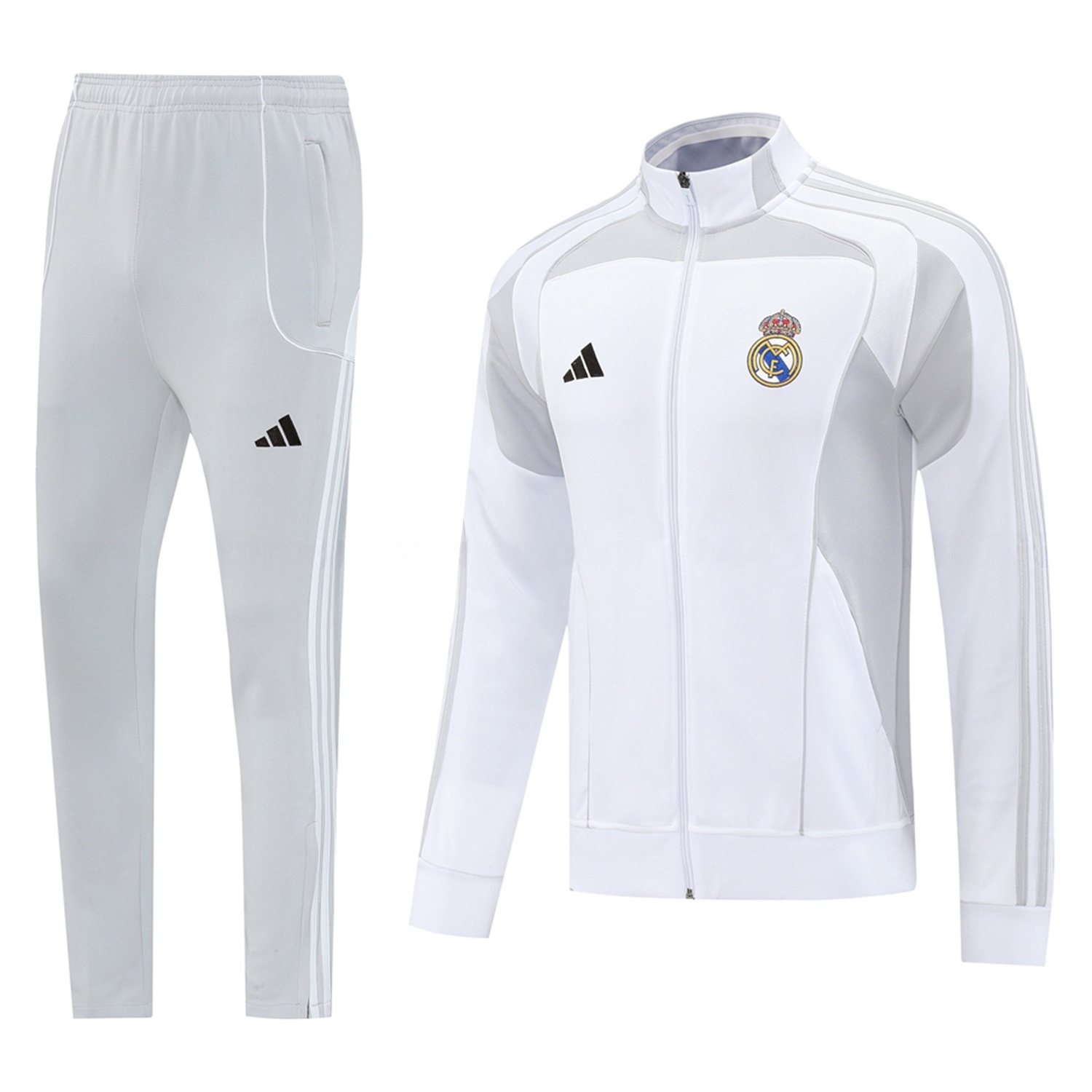 Real Madrid 25-26 Jacket Training Tracksuit - White Jackets & Light Grey Pants - ReplicasJersey