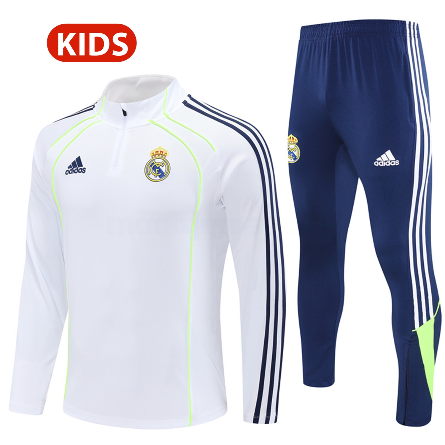 Real Madrid 25-26 Kids Long Sleeves Training Set - Green Line White Top and Blue Pants - ReplicasJersey
