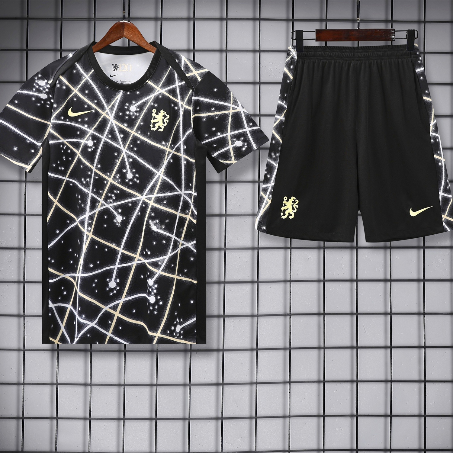 C.H.E.L.S.E.A 25-26 Short-Sleeve Training Set - Yellow Fluorescent Rays Black Top & Black Shorts - ReplicasJersey