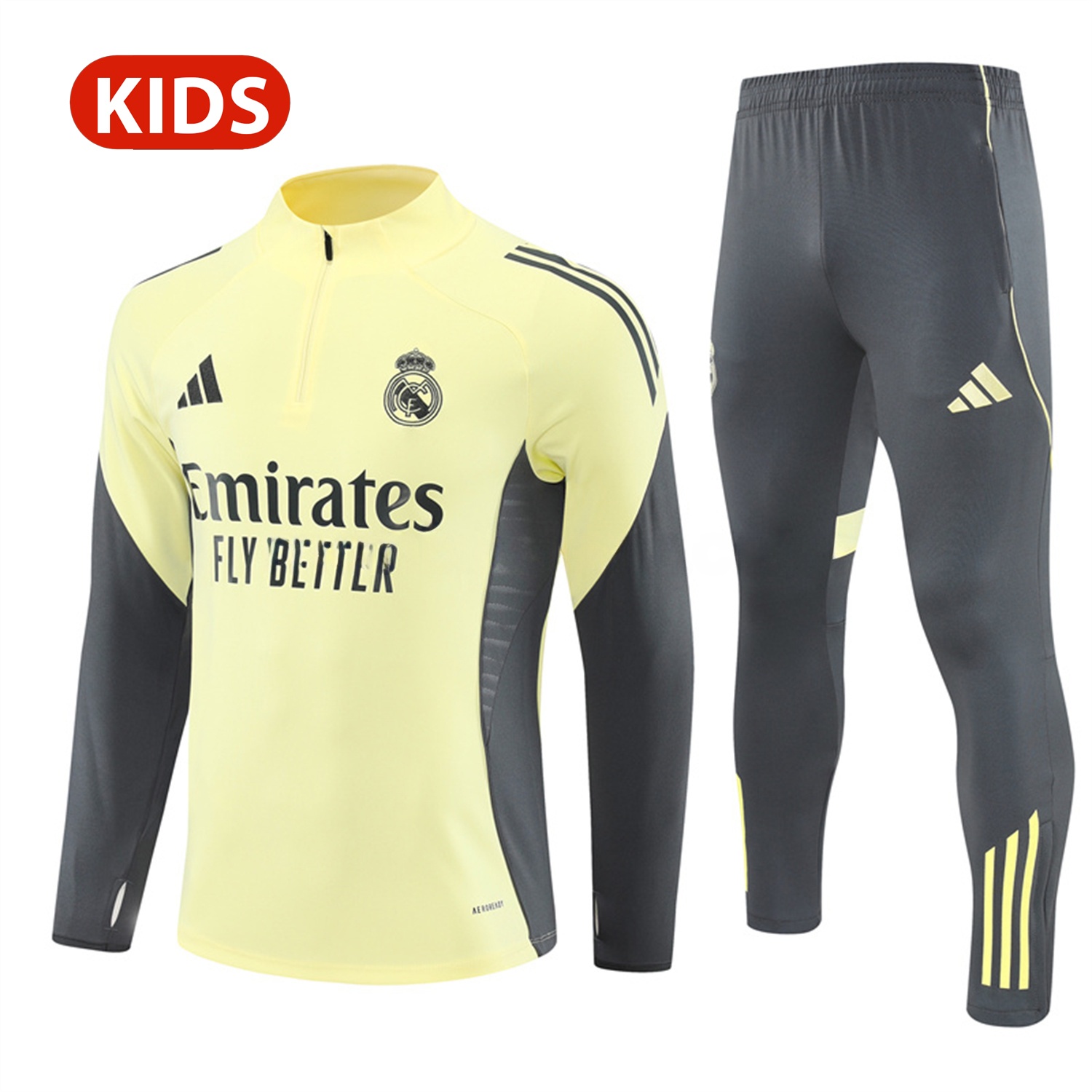 Real Madrid 25-26 Kid Long Sleeves Training Set - Yellow Top & Gray Pants - ReplicasJersey