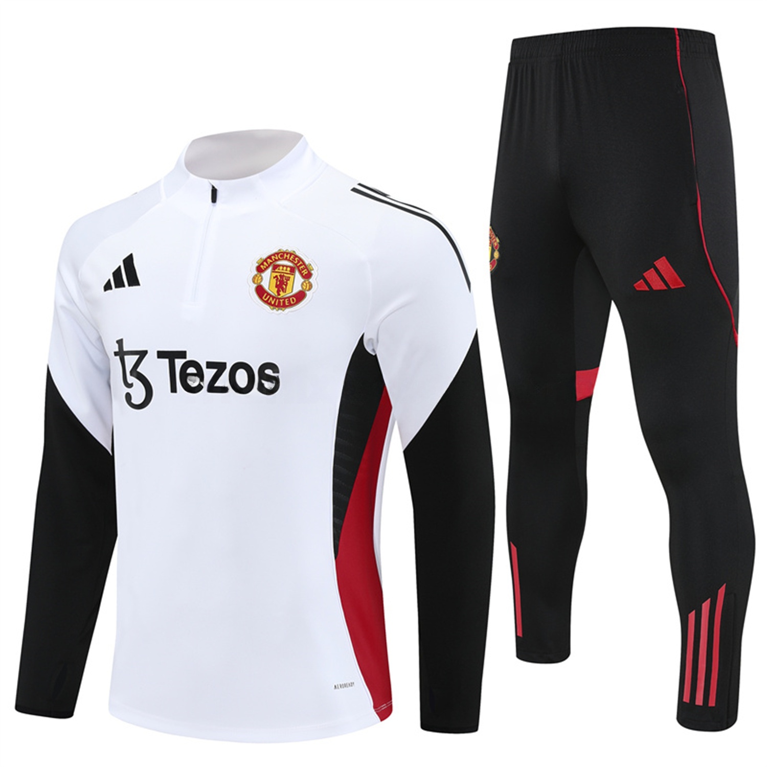Manchester United 25-26 Long Sleeves Training Set - White Top & Black Pants - ReplicasJersey