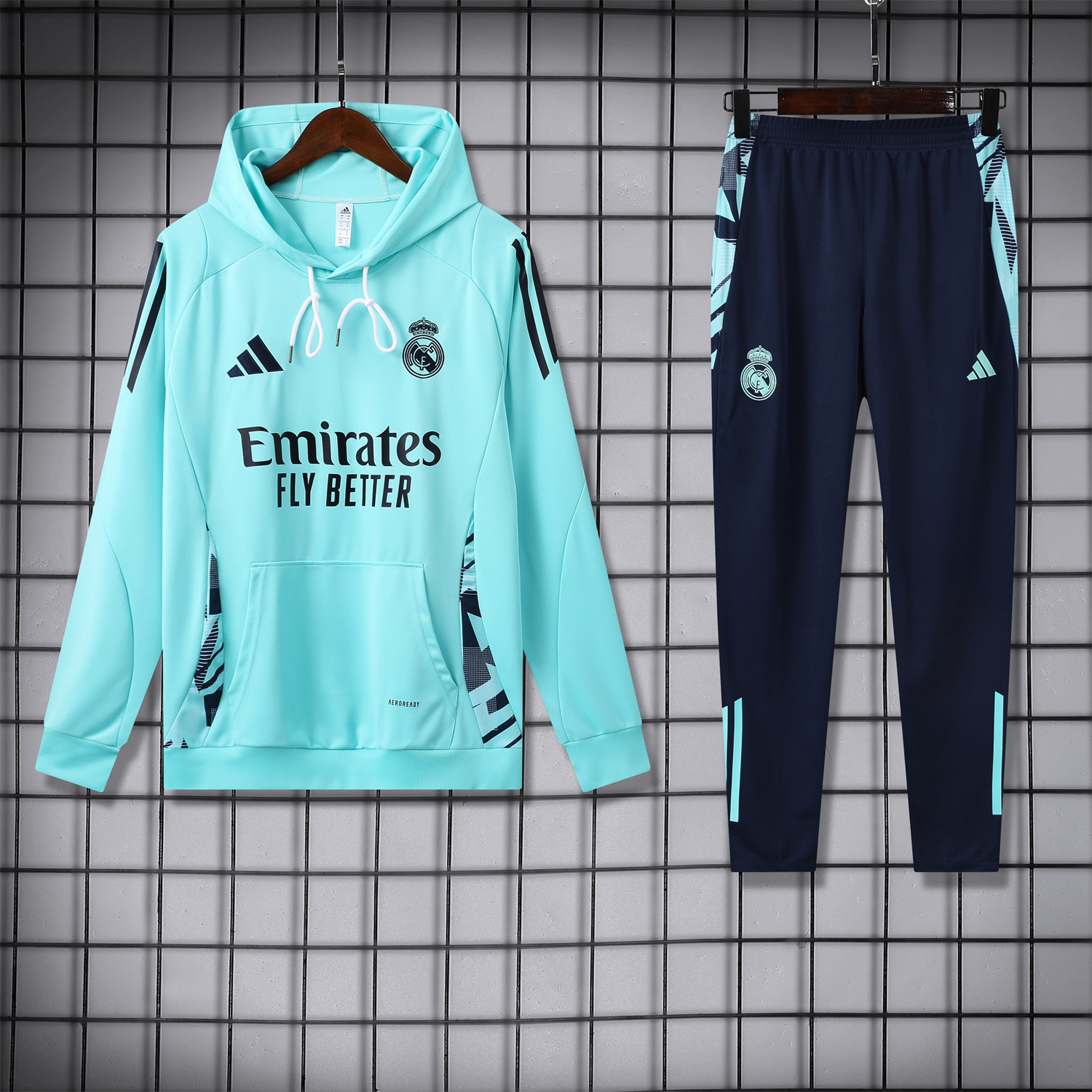 Real Madrid 24-25 Training Hoodie Set - Cyan Hoodie and Deep Blue Pants - ReplicasJersey