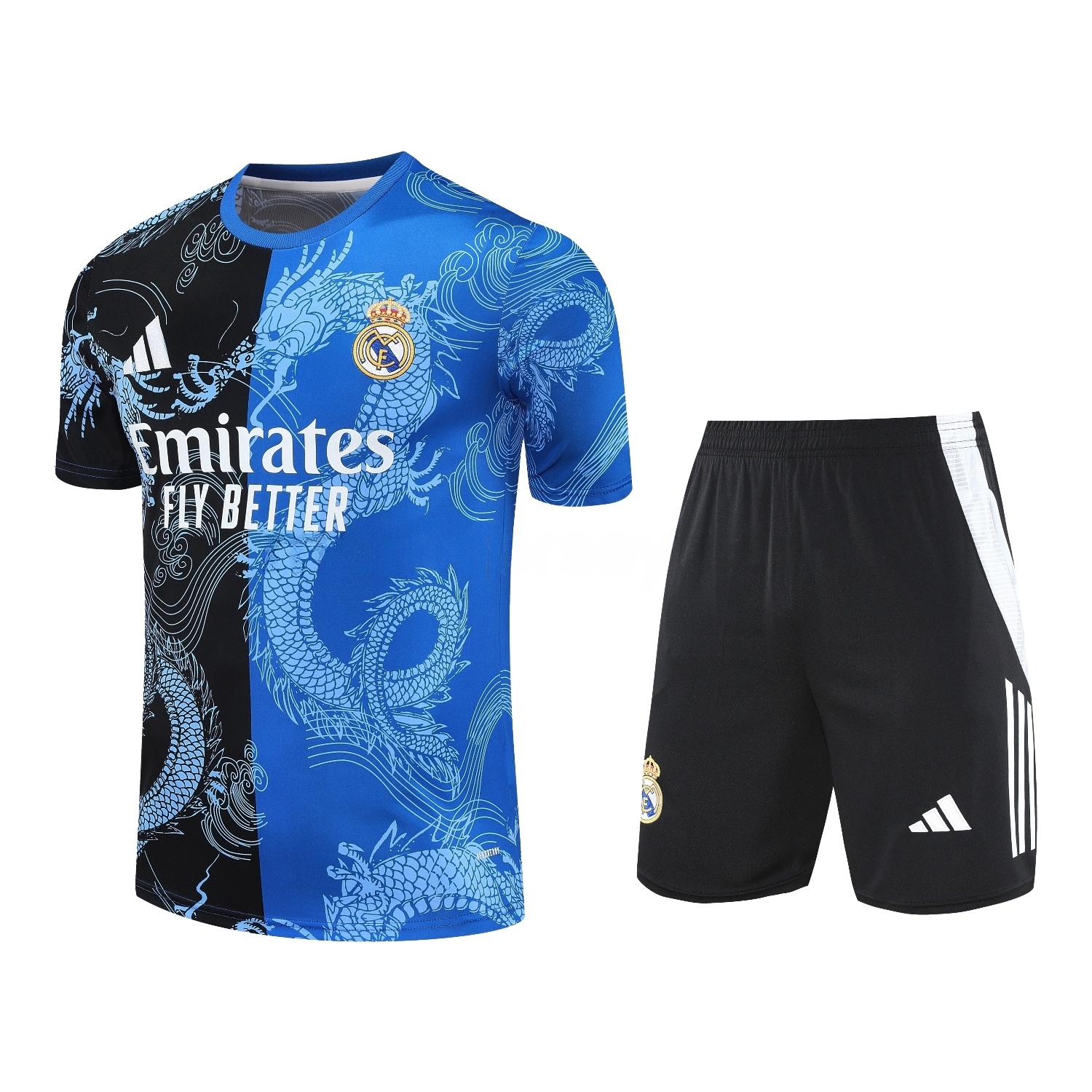 Real Madrid 25-26 Short-Sleeve Training Set - Blue Black Dragon Top & Black-White Shorts - ReplicasJersey