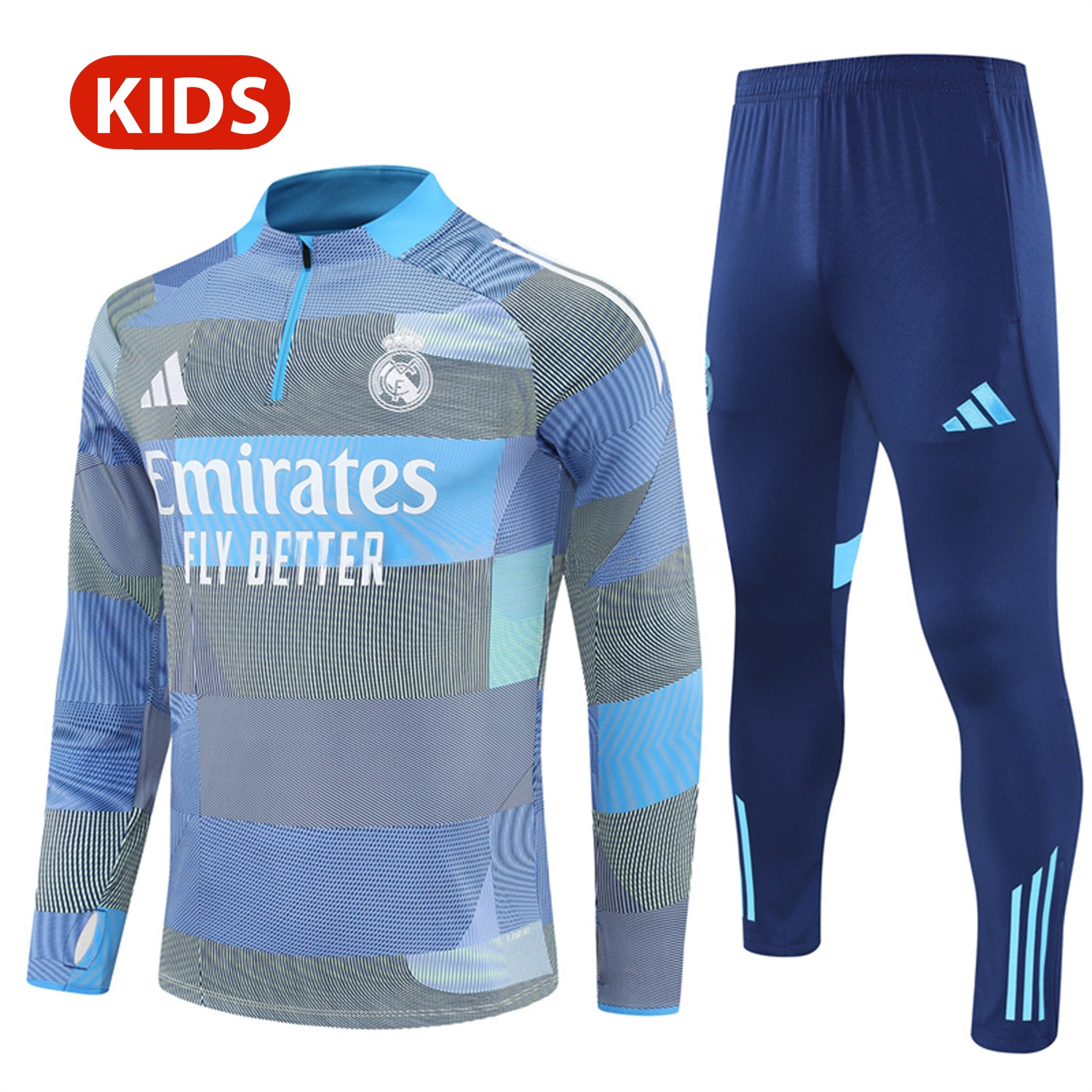 Real Madrid 25-26 Kids Long Sleeves Training Set - Blue-Gray Camouflage Top & Blue Pants - ReplicasJersey