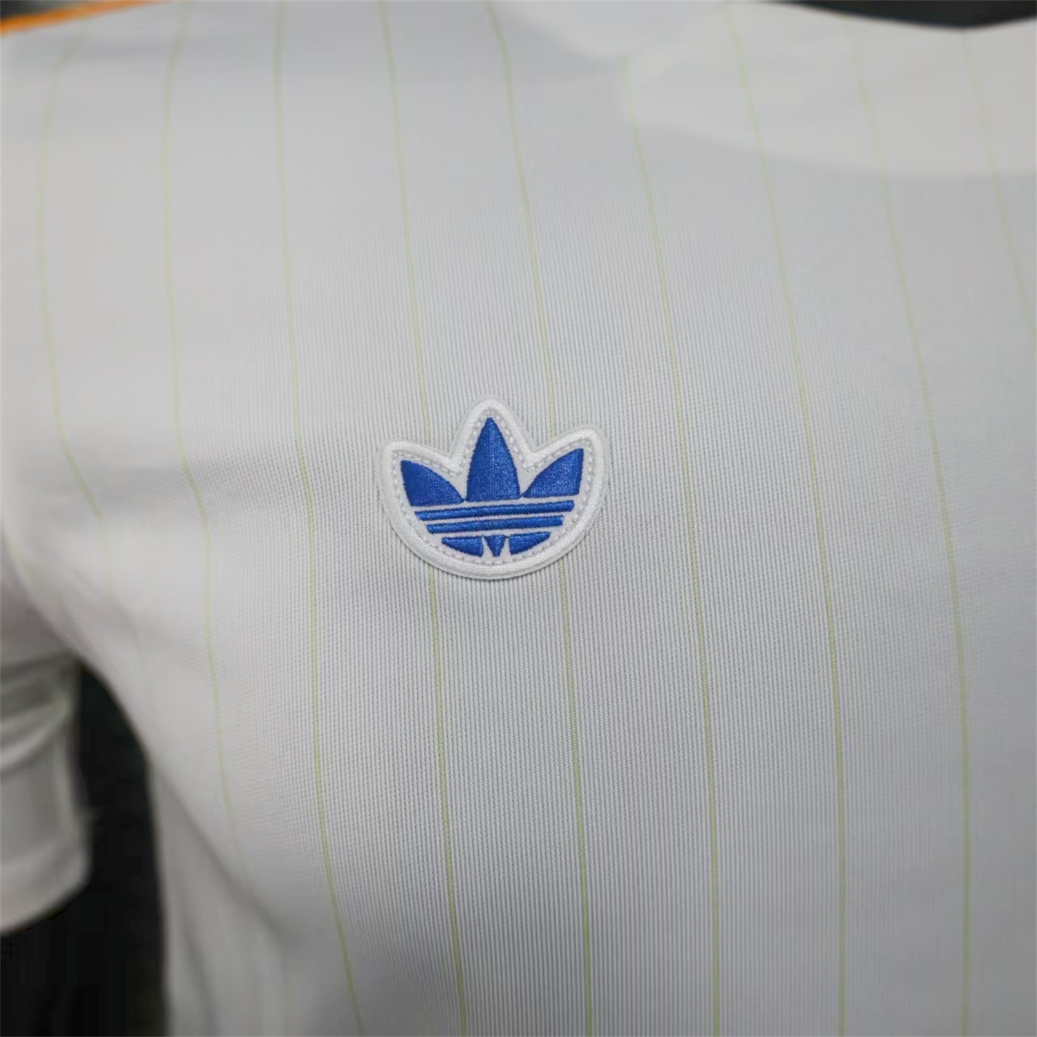 Real Madrid 25-26 Trefoil Blue Lines White Travel Jersey - Player Version - ReplicasJersey