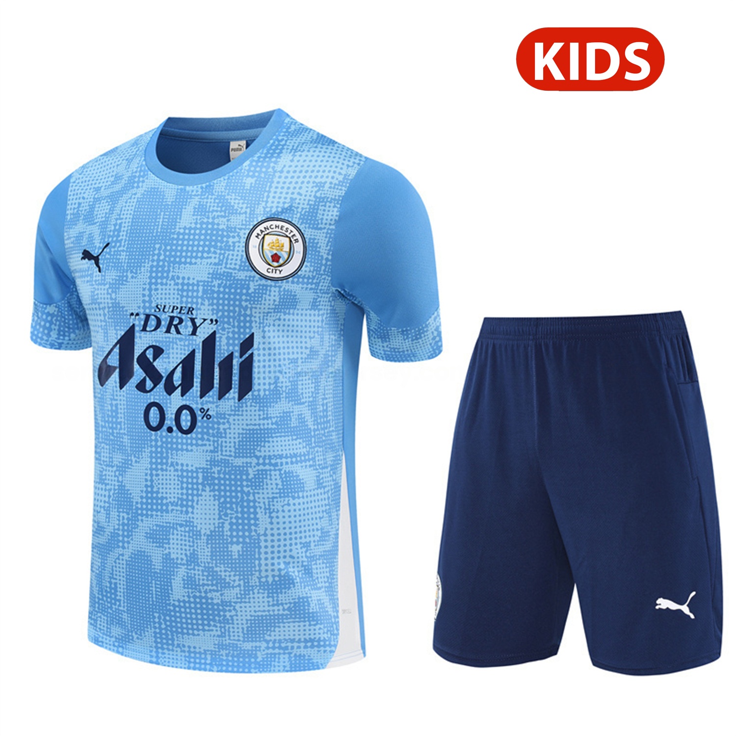 Manchester City 25-26 Kids Short-Sleeve Training Set - Light Blue Camouflage Top & Deep Blue Shorts - ReplicasJersey