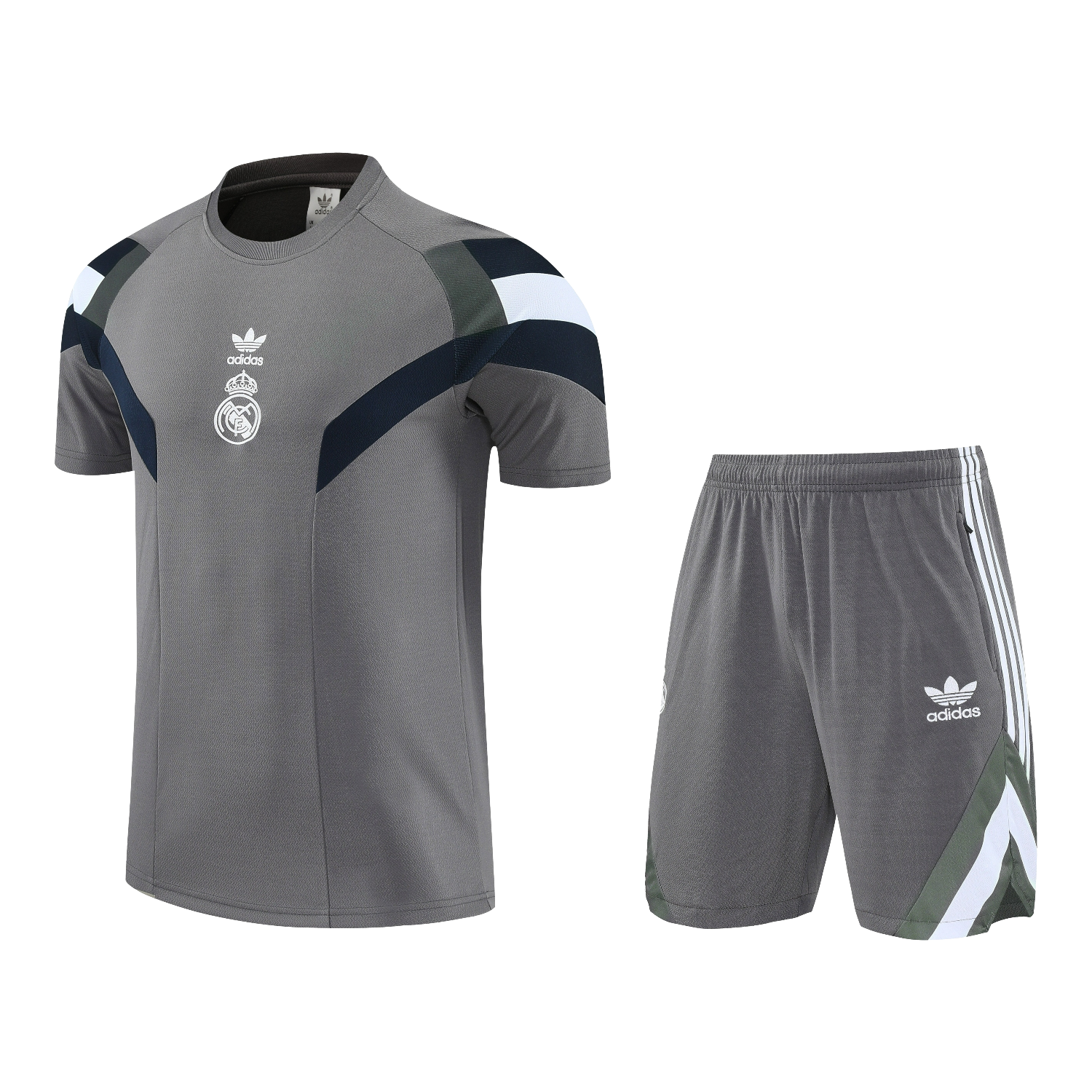 Real Madrid 25-26 Short-Sleeve Training Set With White Logo - Gray Top & Gray Shorts - ReplicasJersey