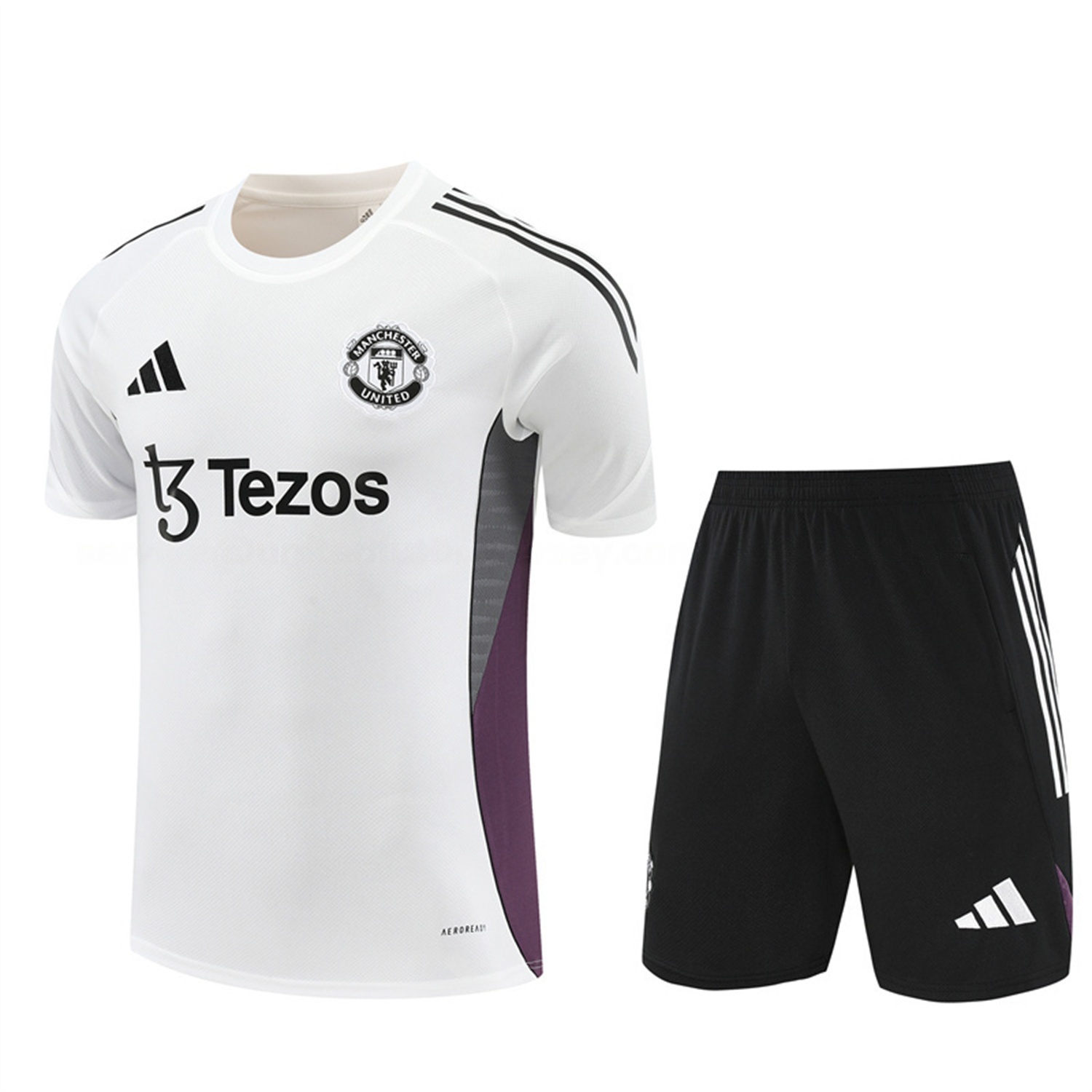 Manchester United 25-26 Short-Sleeve Training Set - White Purple Top & Black Shorts - ReplicasJersey