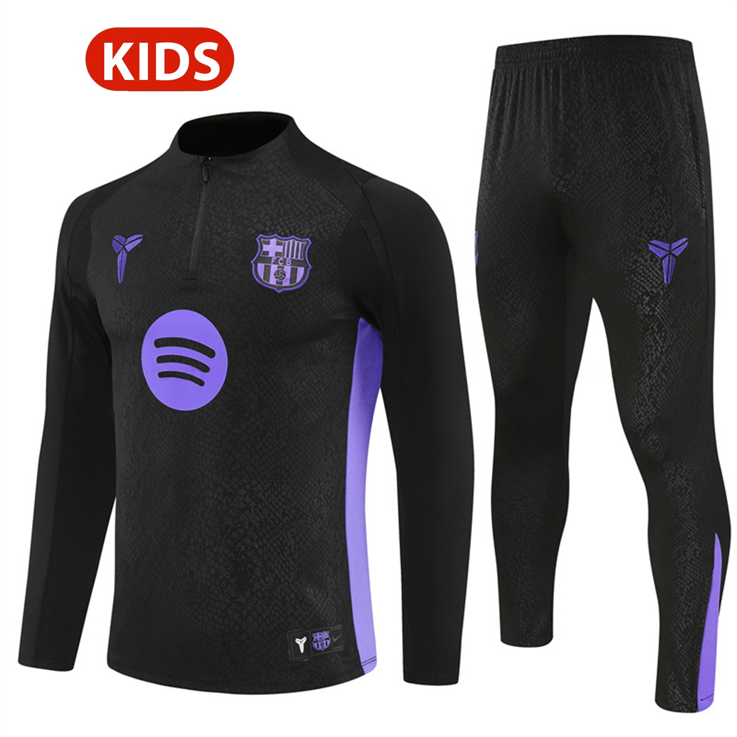 Barcelona 25-26 X KB Kids Long Sleeve Training Set - Black Top & Black Pants - ReplicasJersey