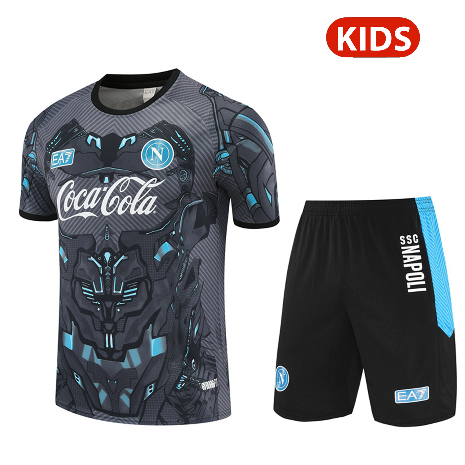 Napoli 25-26 Kids Short-Sleeve Training Set - Gray Mecha Top & Black Shorts - ReplicasJersey