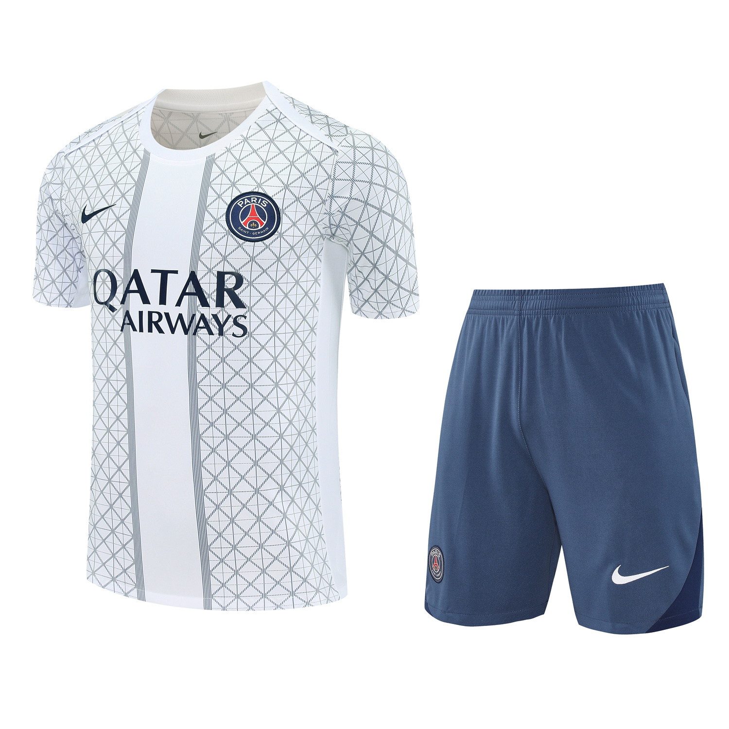 Paris Saint-Germain PSG 25-26 Short-Sleeve Training Set - White Top & Deep Blue Shorts - ReplicasJersey