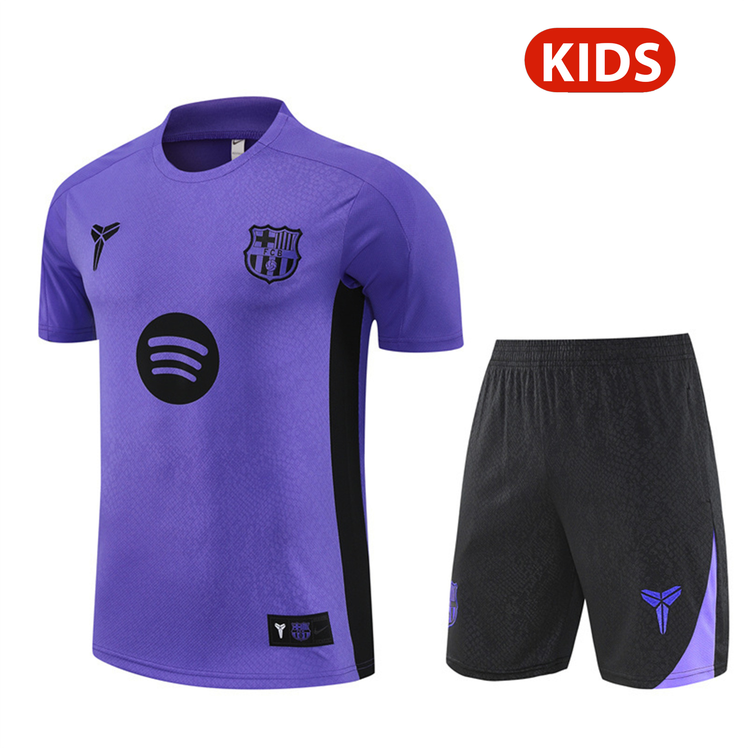 Barcelona 25-26 X KB Kids Short-Sleeve Training Set - Purple Top & Black Shorts - ReplicasJersey