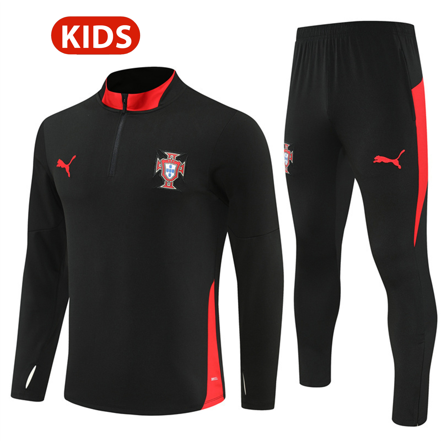 Portugal 25-26 Kids Long Sleeve Training Set - Black Top & Black Pants - ReplicasJersey
