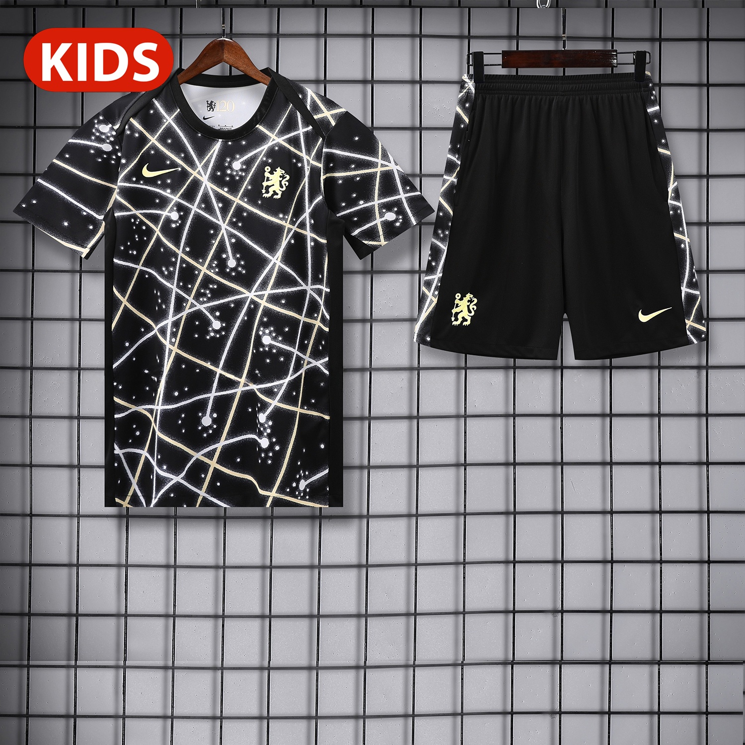 C.H.E.L.S.E.A 25-26 Kids Short-Sleeve Training Set - Yellow Fluorescent Rays Black Top & Black Shorts - ReplicasJersey