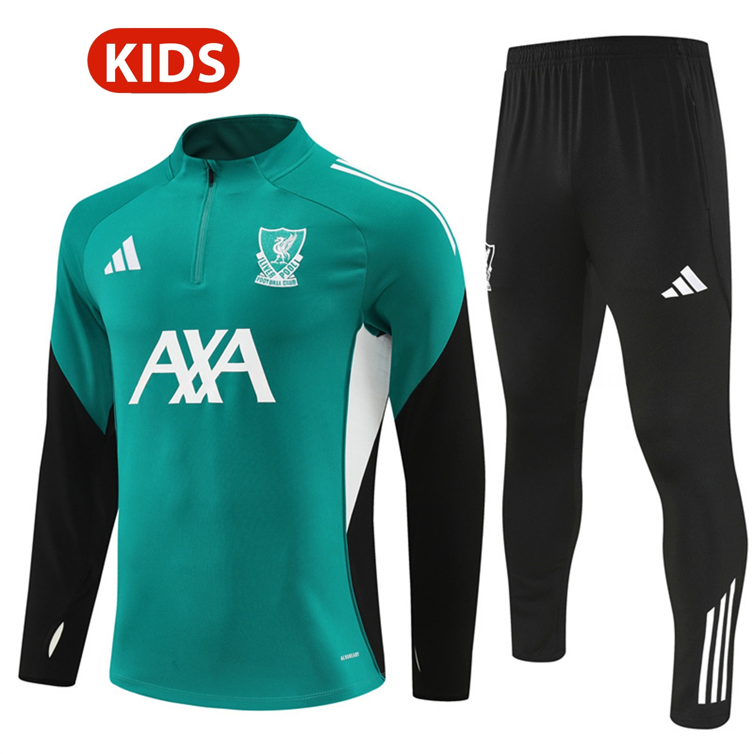 Liver.pool 25-26 Kids Long Sleeve Training Set - Green Top & Black Pants - ReplicasJersey