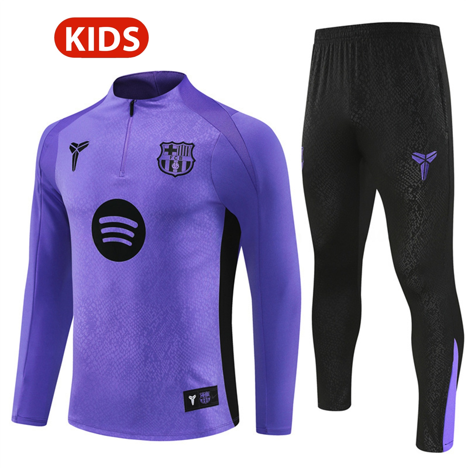Barcelona 25-26 X KB Kids Long Sleeve Training Set - Purple Top & Black Pants - ReplicasJersey