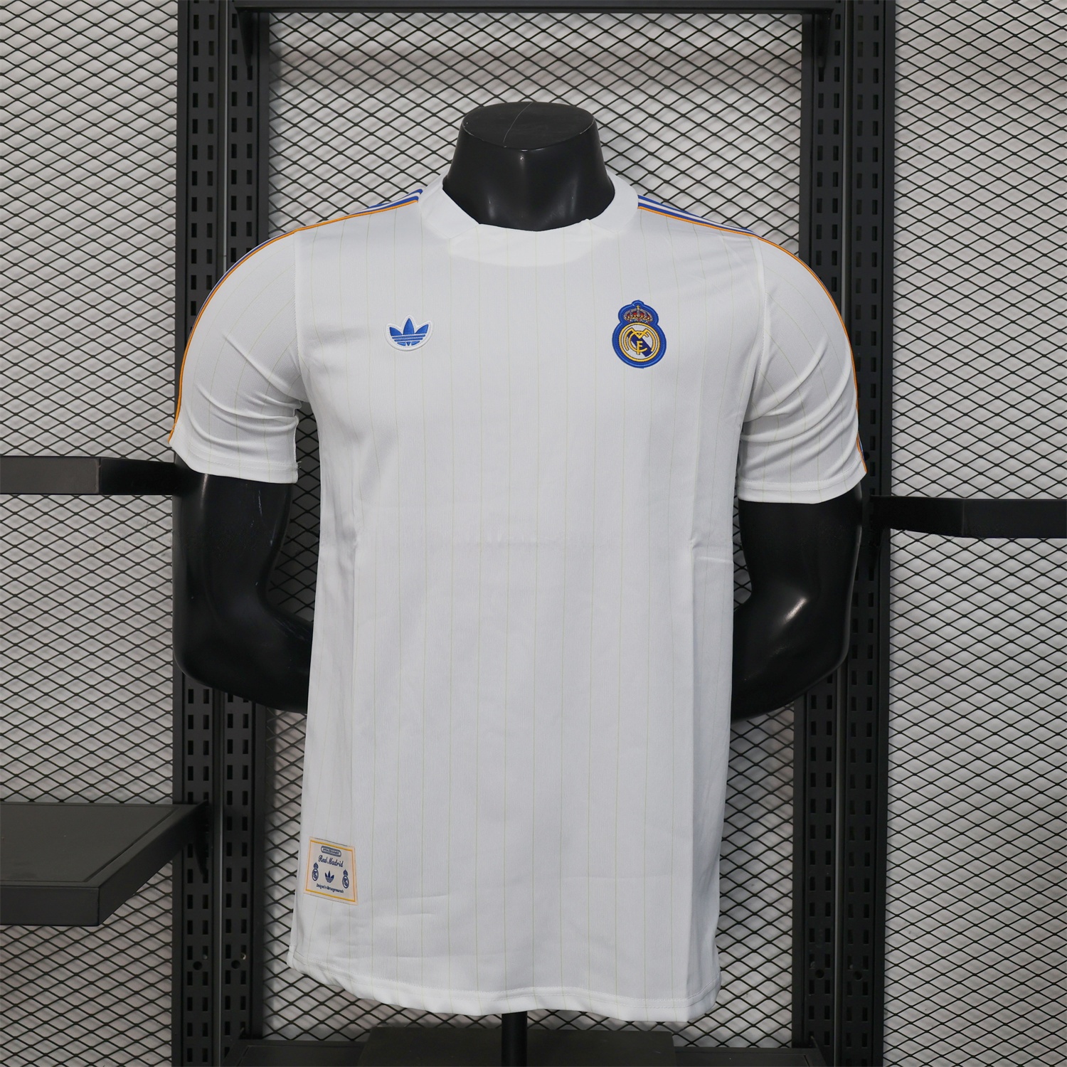 Real Madrid 25-26 Trefoil Blue Lines White Travel Jersey - Player Version - ReplicasJersey