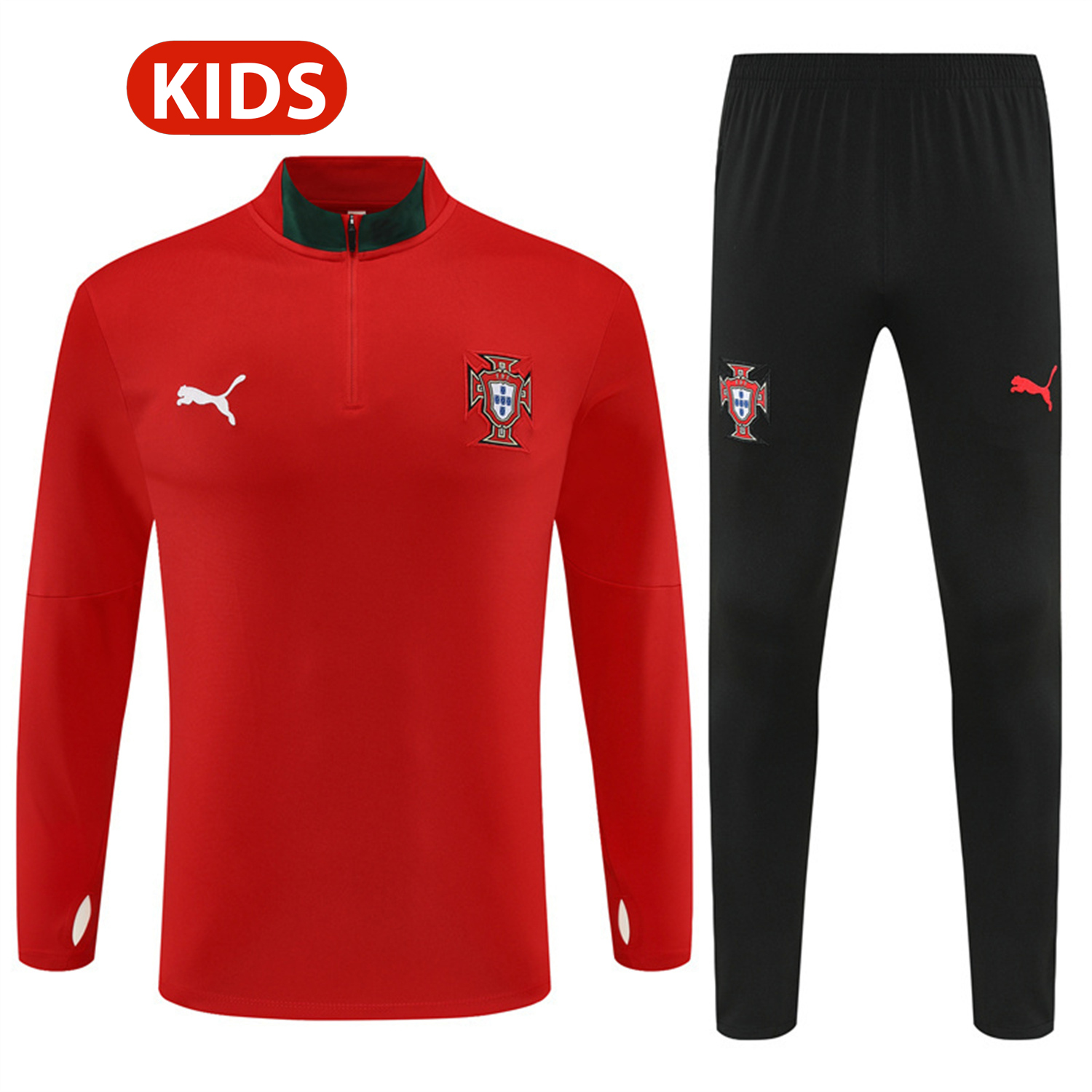 Portugal 25-26 Kids Long Sleeve Training Set - Red Top & Black Pants - ReplicasJersey