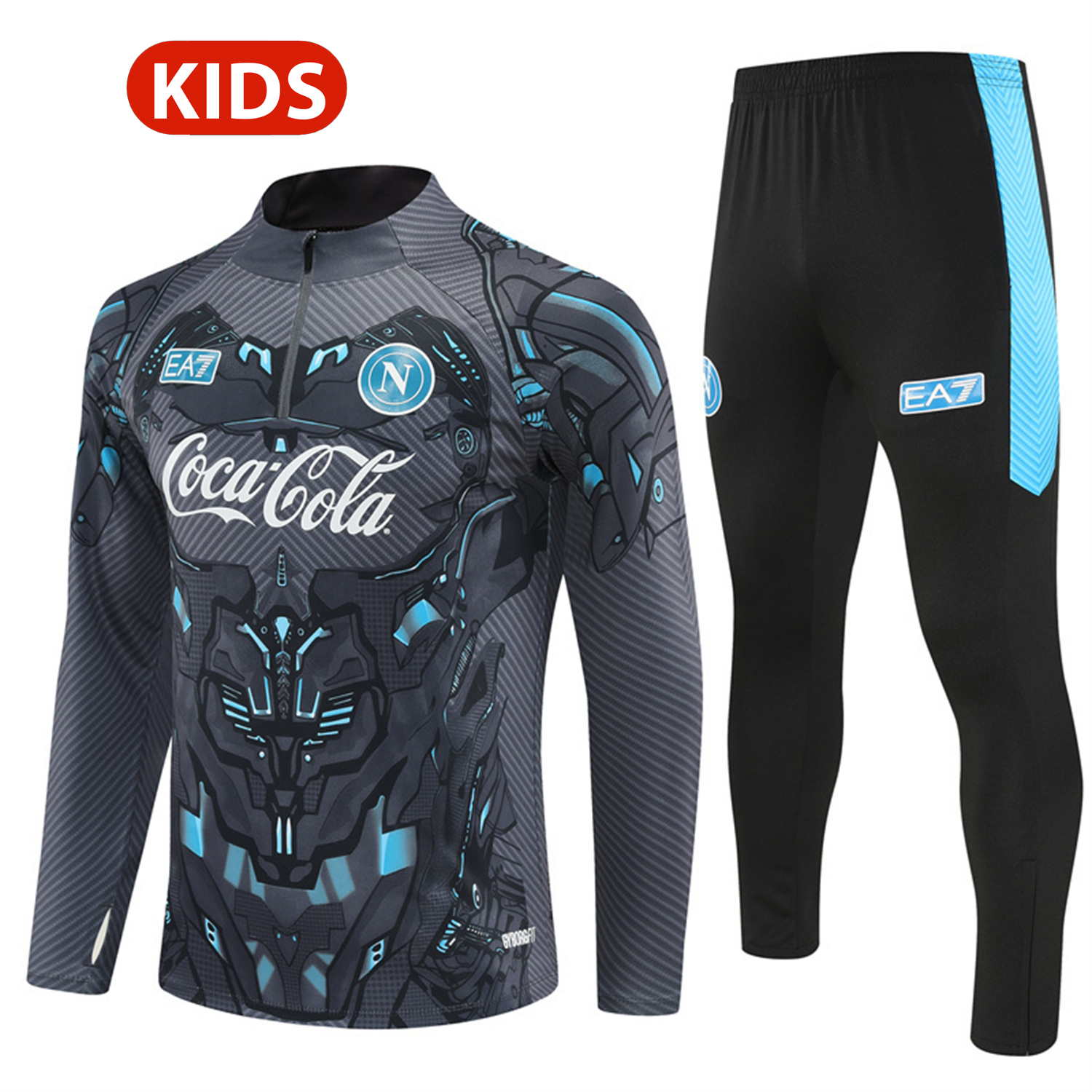 Napoli 25-26 Kids Long Sleeve Training Set - Gray Mecha Top & Black Pants - ReplicasJersey