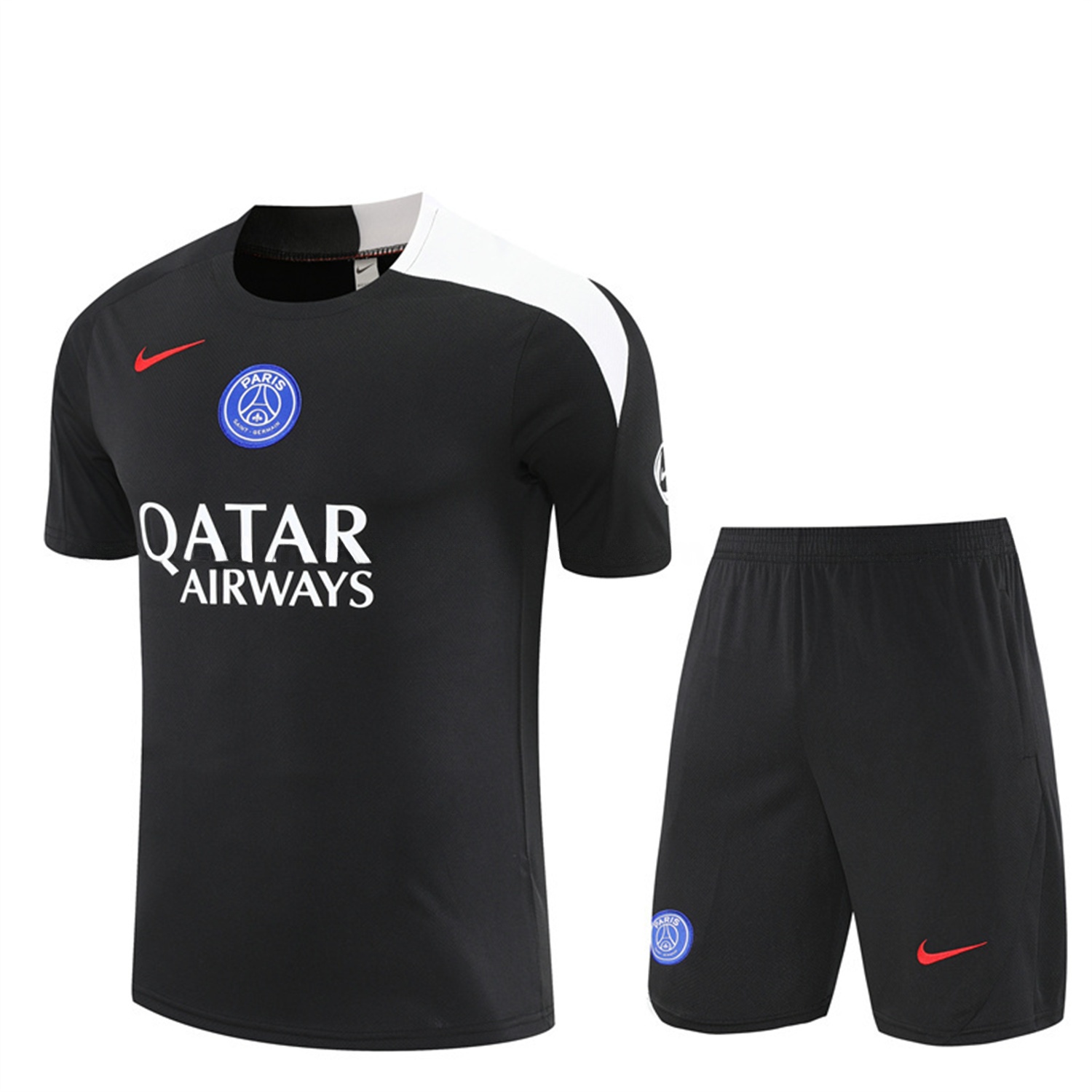 Paris Saint-Germain PSG 25-26 Short-Sleeve Training Set - White Edge Black Top & Black Shorts - ReplicasJersey