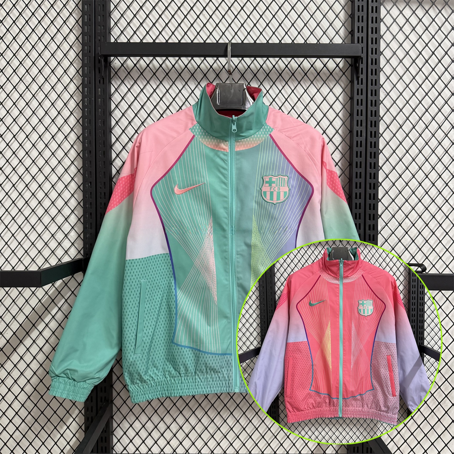 Barcelona 25-26 Double Sided Reversible Windbreaker - Green & Pink - ReplicasJersey