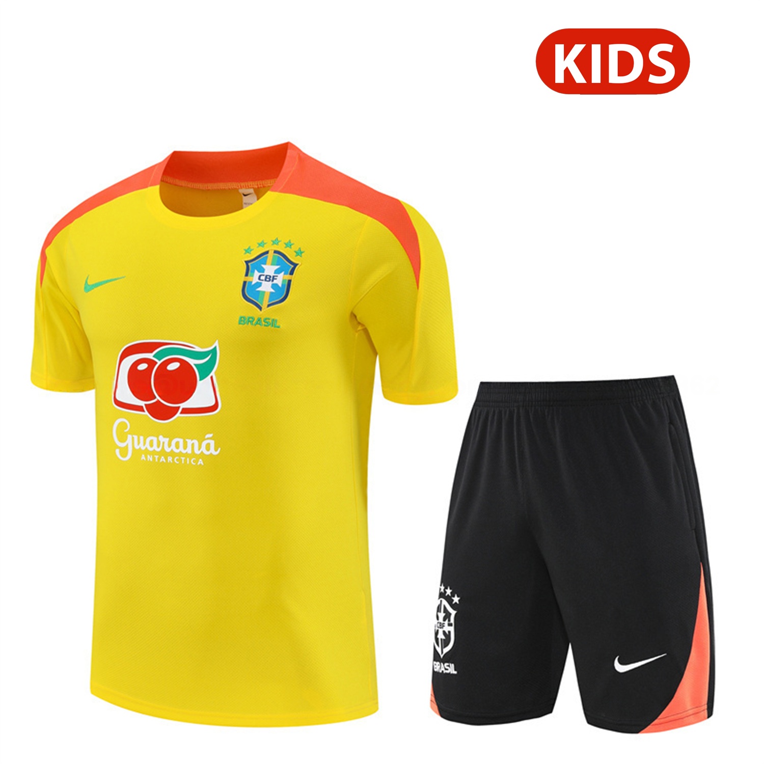 Brazil 25-26 Kids Short-Sleeve Training Set - Yellow Top & Black Shorts - ReplicasJersey