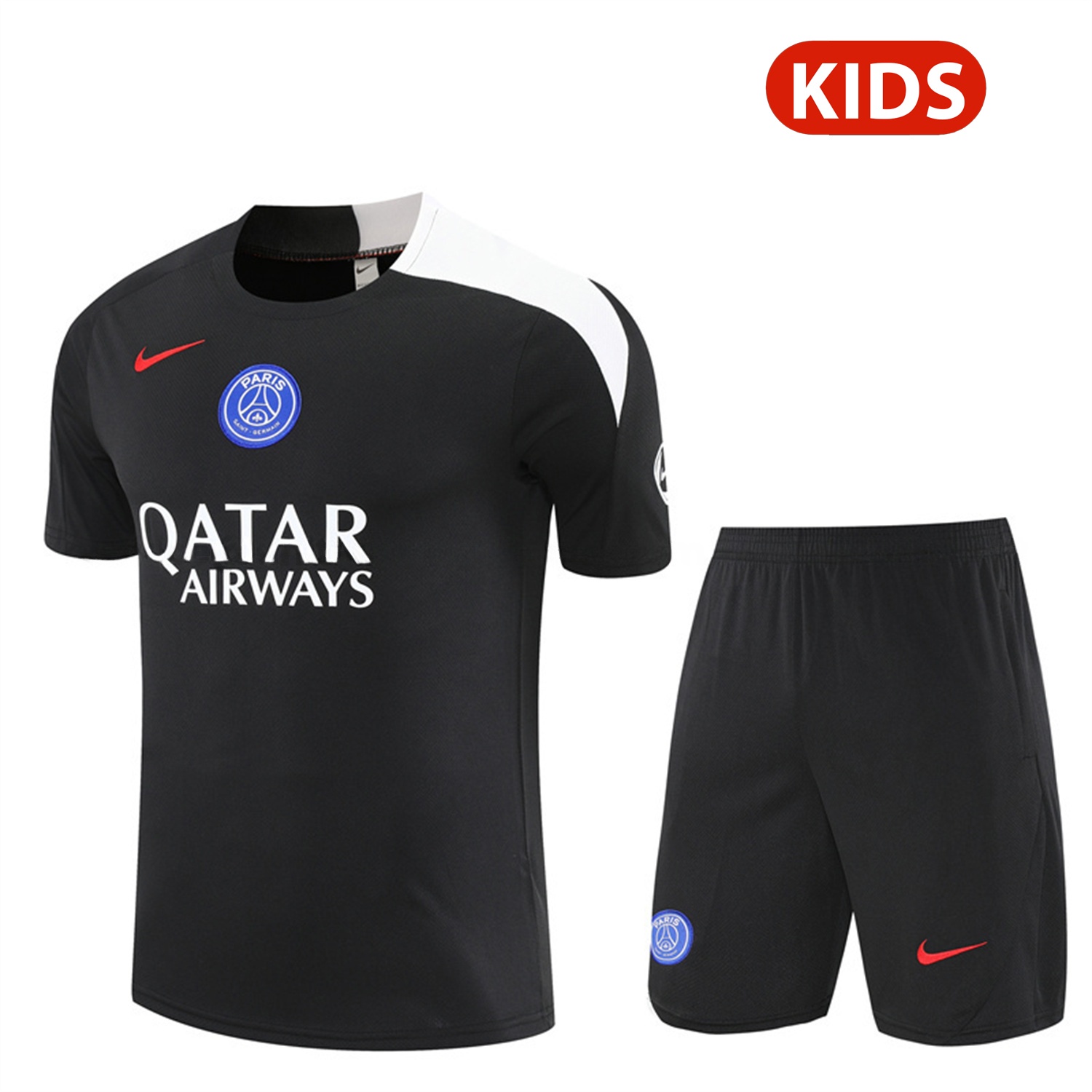 Paris Saint-Germain PSG 25-26 Kids Short-Sleeve Training Set - White Edge Black Top & Black Shorts - ReplicasJersey