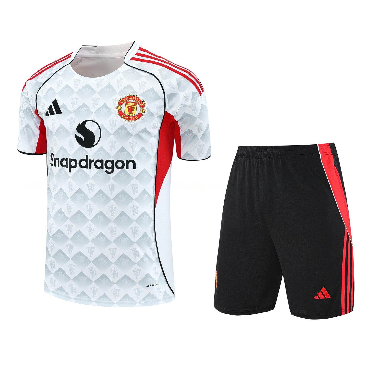 Manchester United 25-26 Short-Sleeve Training Set - Red Edge White Top & Black Shorts - ReplicasJersey