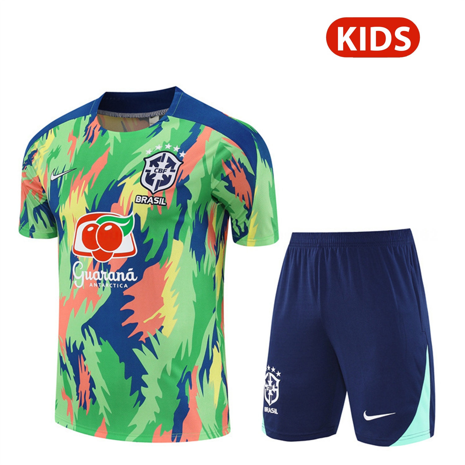 Brazil 25-26 Kids Short-Sleeve Training Set - Blue Green Camouflage Top & Blue Shorts - ReplicasJersey