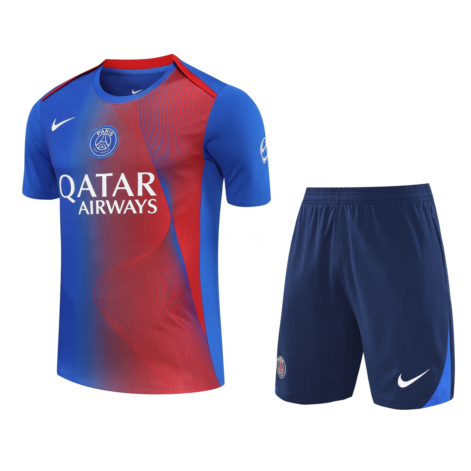 Paris Saint-Germain PSG 25-26 Short-Sleeve Training Set - Red And Blue Lines Top & Blue Shorts - ReplicasJersey