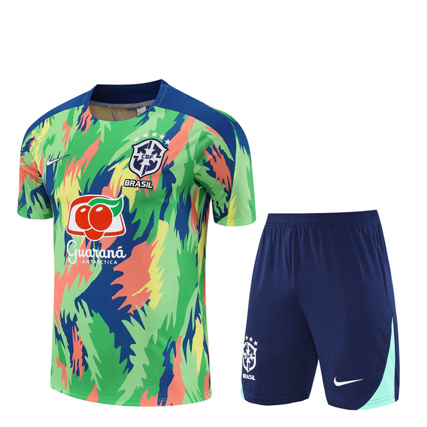 Brazil 25-26 Short-Sleeve Training Set - Blue Green Camouflage Top & Blue Shorts - ReplicasJersey