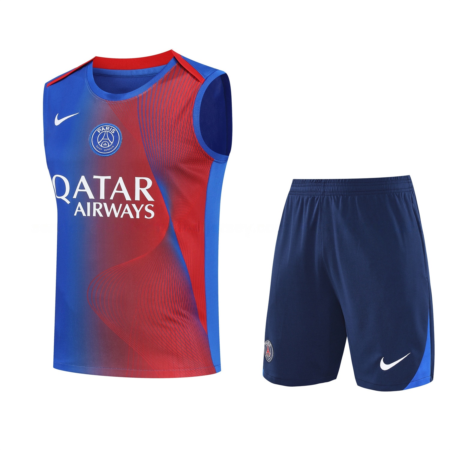Paris Saint-Germain PSG 25-26 Vest Training Set - Red And Blue Lines Vest & Blue Shorts - ReplicasJersey