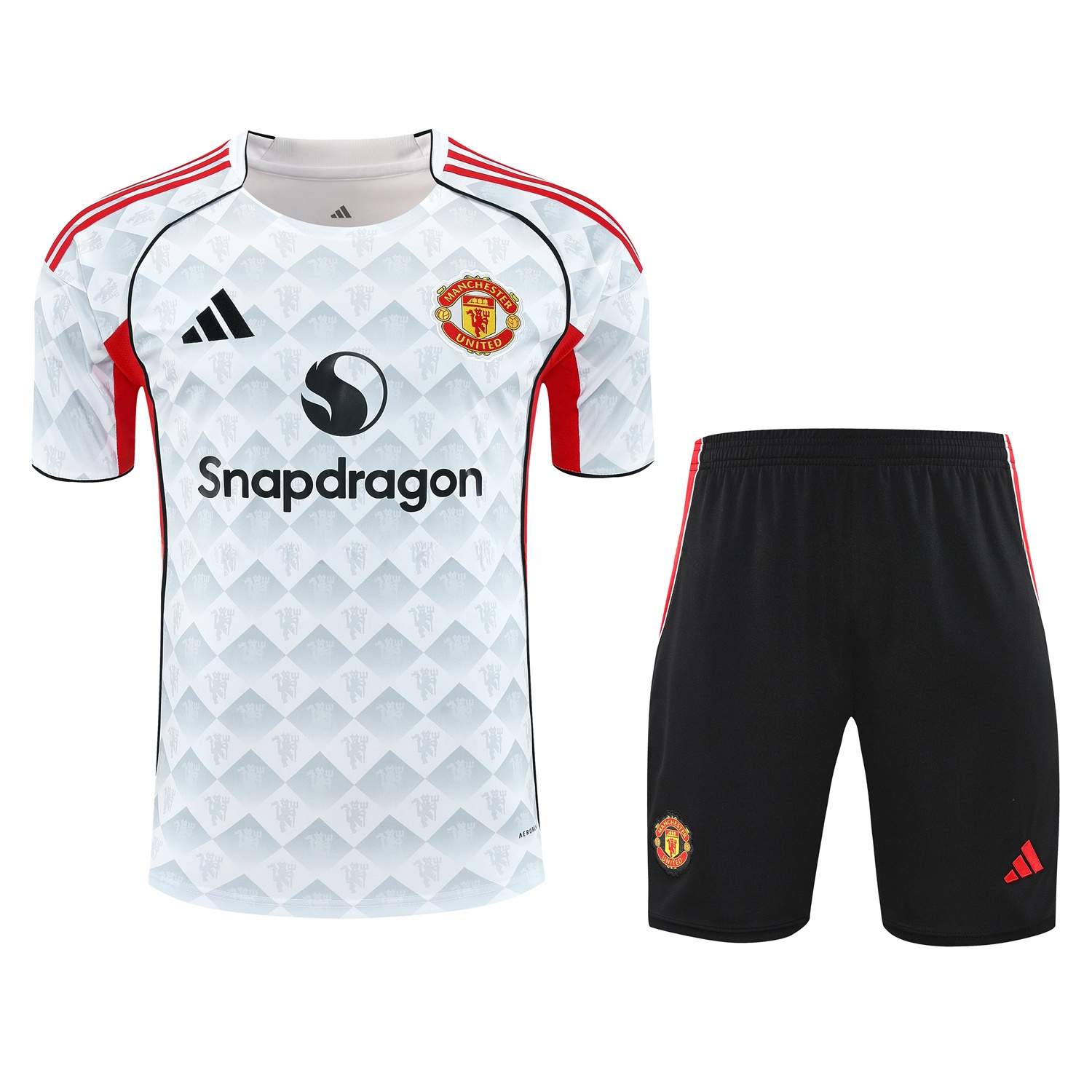 Manchester United 25-26 Short-Sleeve Training Set - Red Edge White Top & Black Shorts - ReplicasJersey