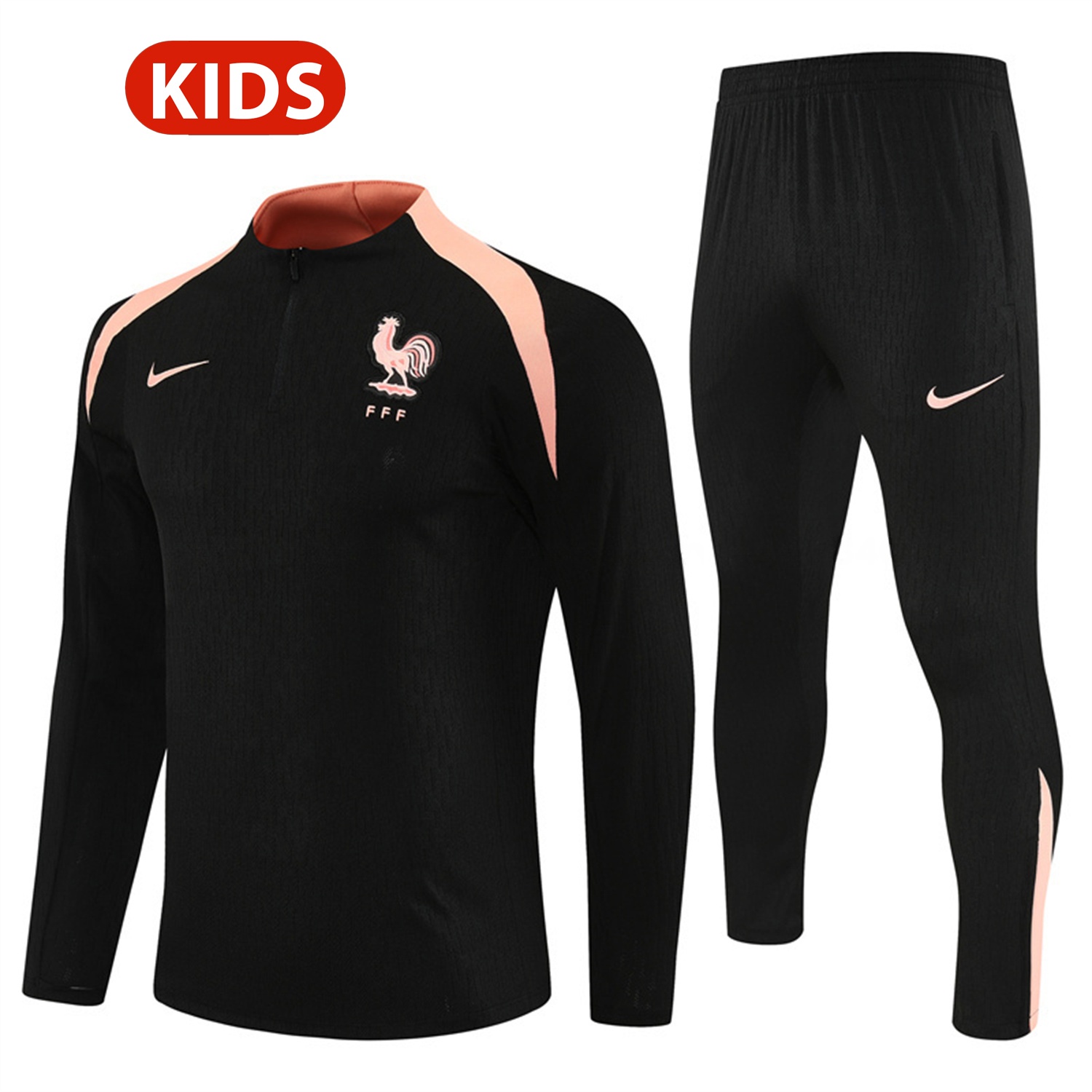 France 25-26 Kids Long Sleeve Training Set - Player Version - Black Top and Pants - ReplicasJersey