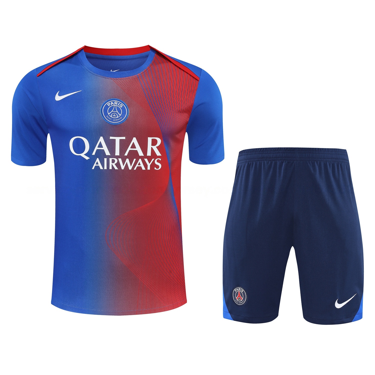 Paris Saint-Germain PSG 25-26 Short-Sleeve Training Set - Red And Blue Lines Top & Blue Shorts - ReplicasJersey