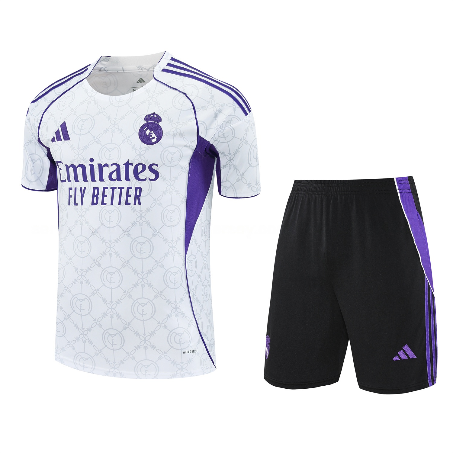 Real Madrid 25-26 Short-Sleeve Training Set - Blue Edge White Top & Black Shorts - ReplicasJersey