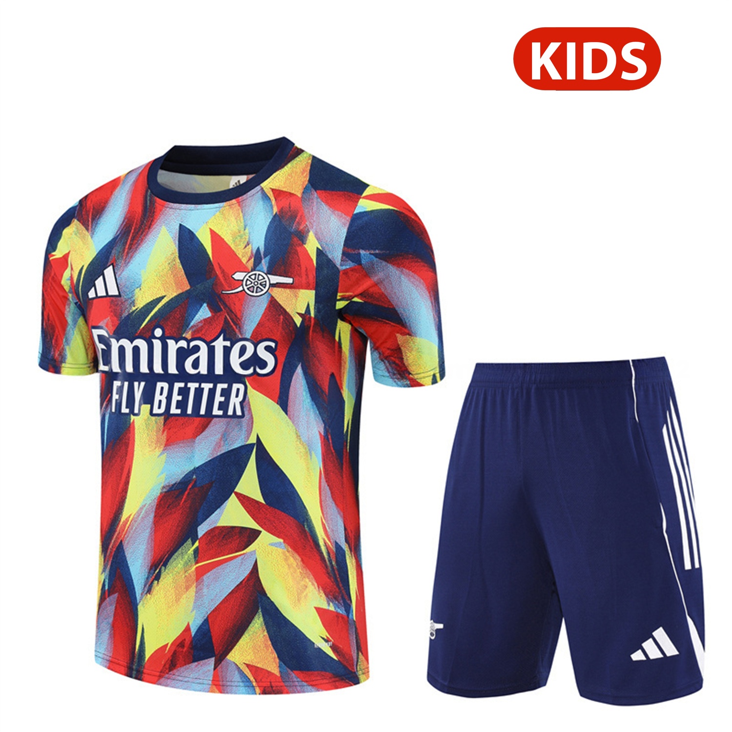 Arsenal 25-26 Kids Short-Sleeve Training Set - Colorful Camouflage Top & Blue Shorts - ReplicasJersey